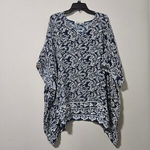 Back from Bali Womens Blue White Floral Batik Kaftan Top One Size Rayon Handmade
